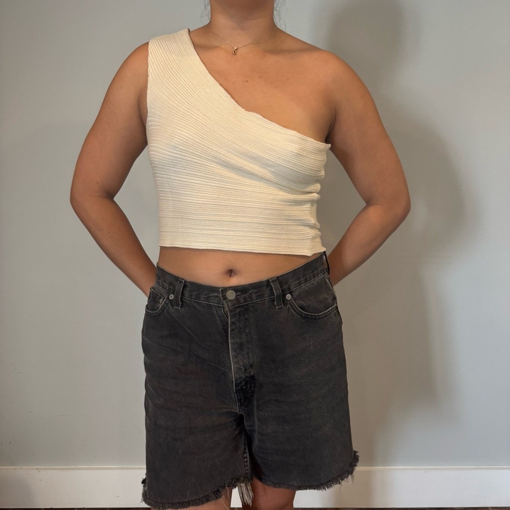 One-Shoulder Cream Ribbed Top